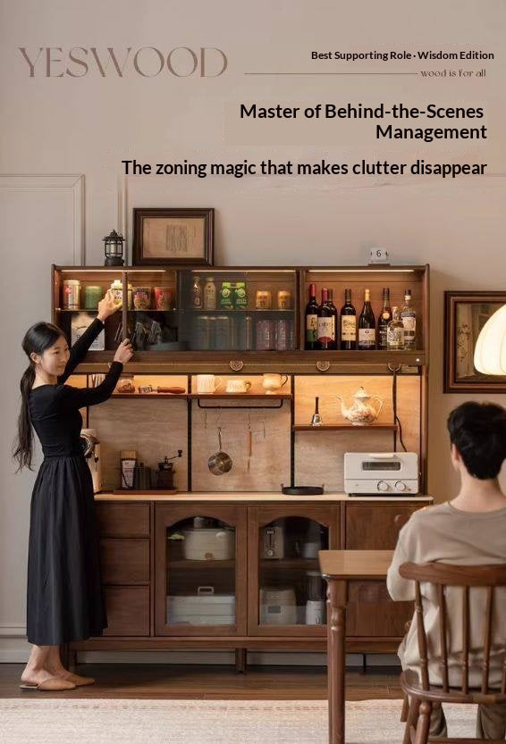 Black Walnut Solid Wood Buffet Cabinet with Retro Style and Rock Board Surface