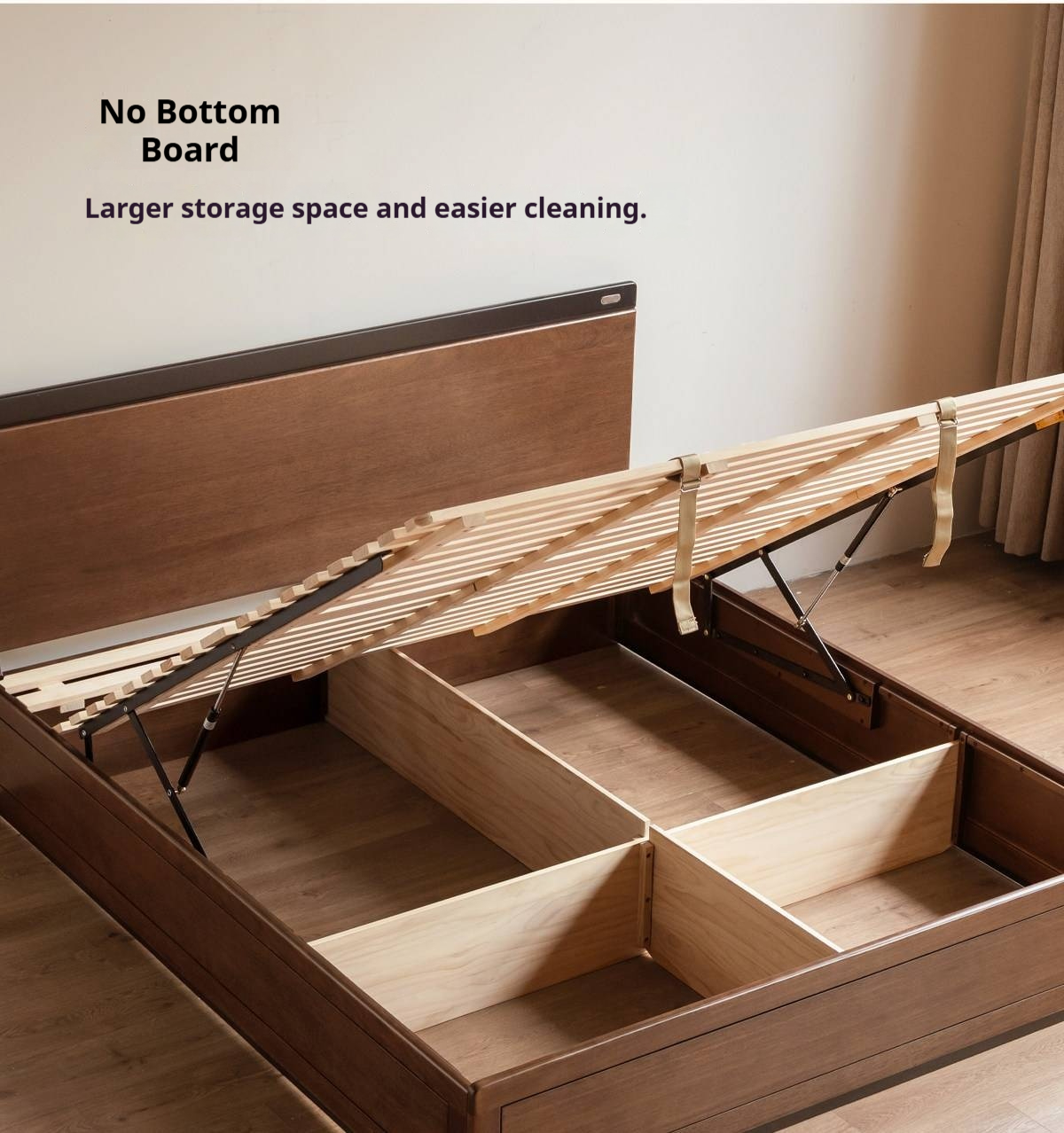 Golden Rosewood Solid Wood Bauhaus Storage Bed with Full Lift-Up Storage Box and Color-Block Headboard