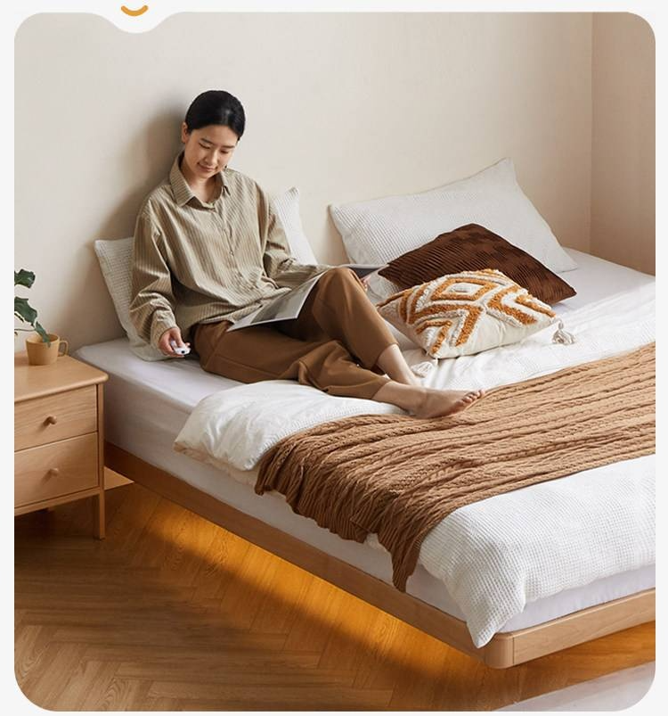 Beech Solid Wood Platform Bed, Headboard-Free Bed, Flush-Edge Floating Bed