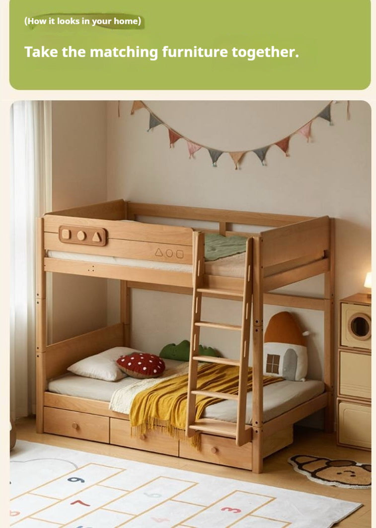 Beech Solid Wood Convertible Bunk Bed with Storage Drawers