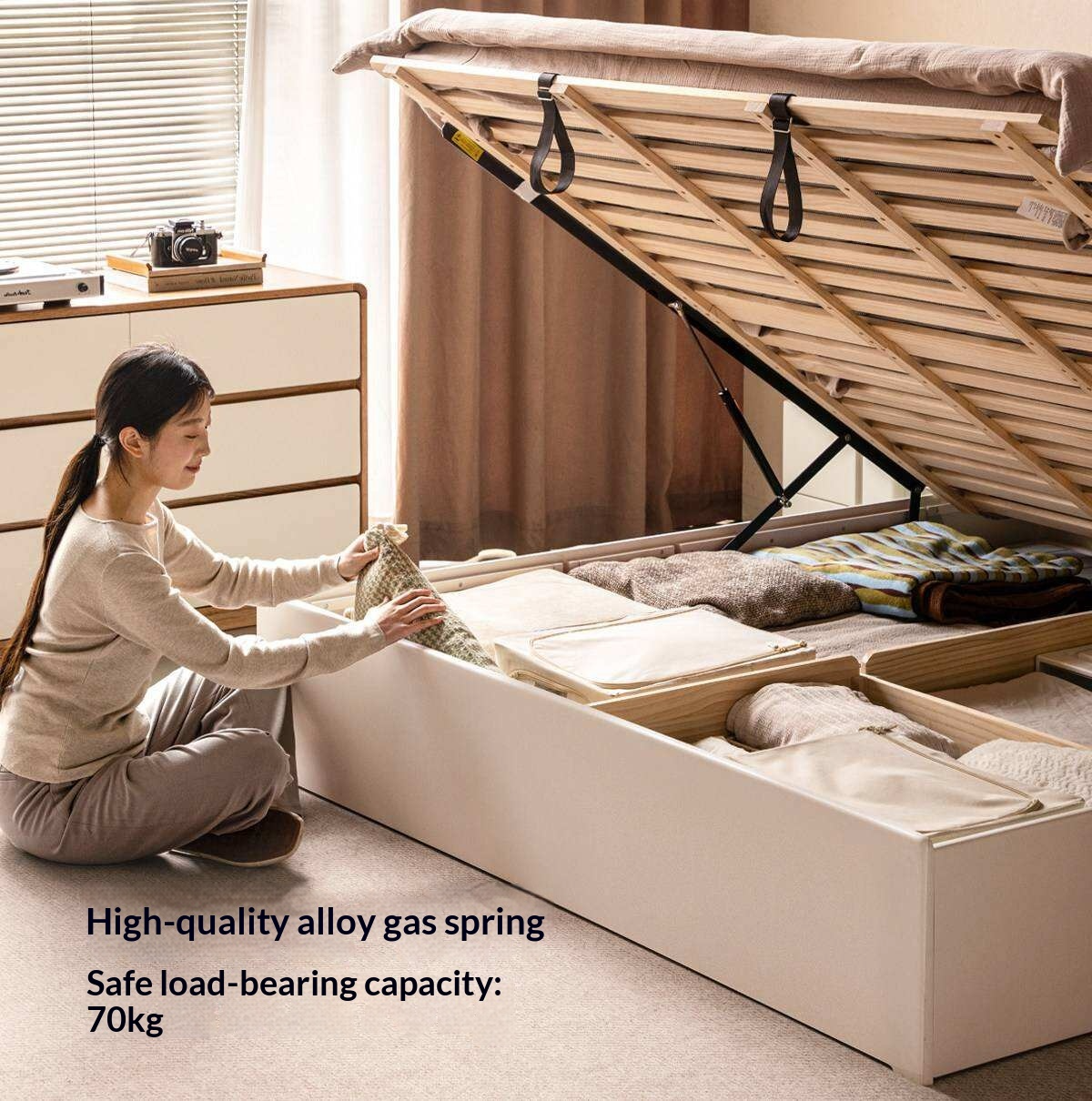 Rubberwood Solid Wood White Cream Gas Lift Storage Bed