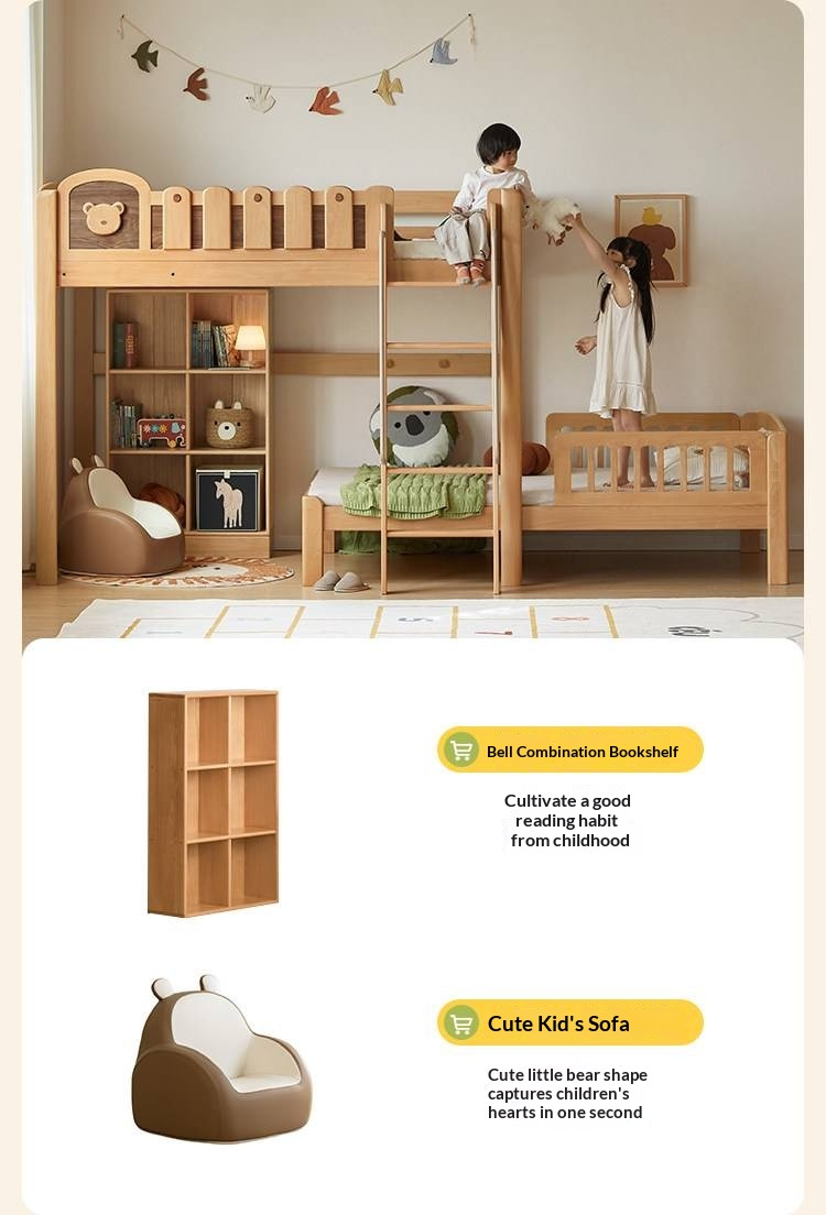 Beech Solid Wood L-Shaped Bunk Bed with Bookshelf Headboard and Detachable Guardrail