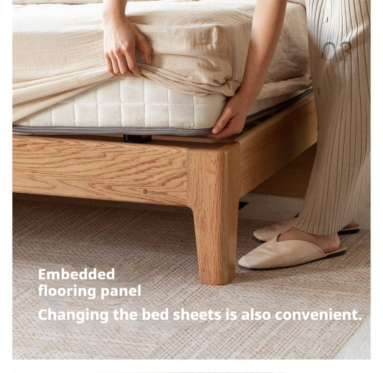 Oak Solid Wood Bed — Modern Minimalist, Genuine Leather Upholstered Bed