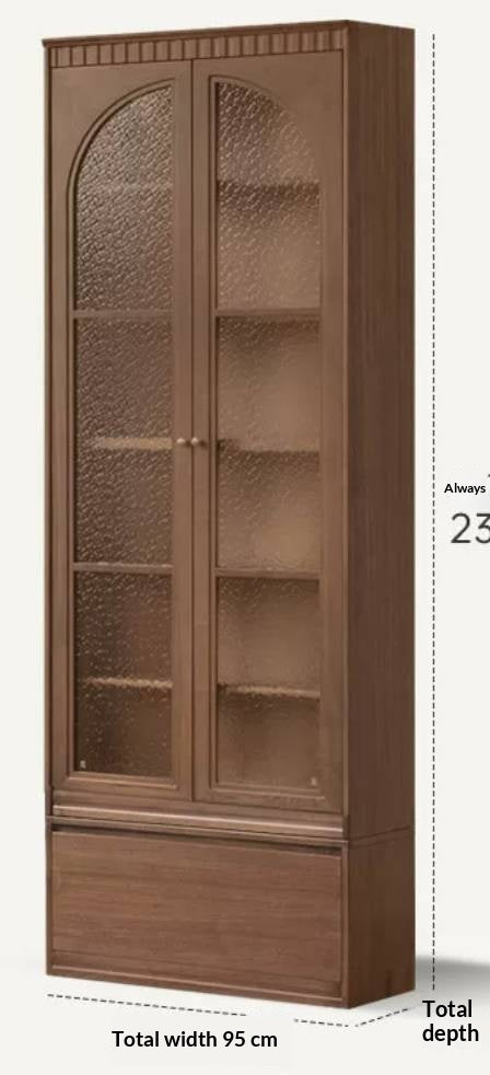 Black Walnut, Solid Sandalwood Arched Vintage Bookcase with Glass Door and Storage Drawer