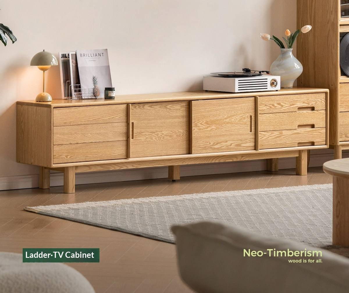 Oak Solid Wood TV Console with Ribbed Sliding Doors and Open Shelving