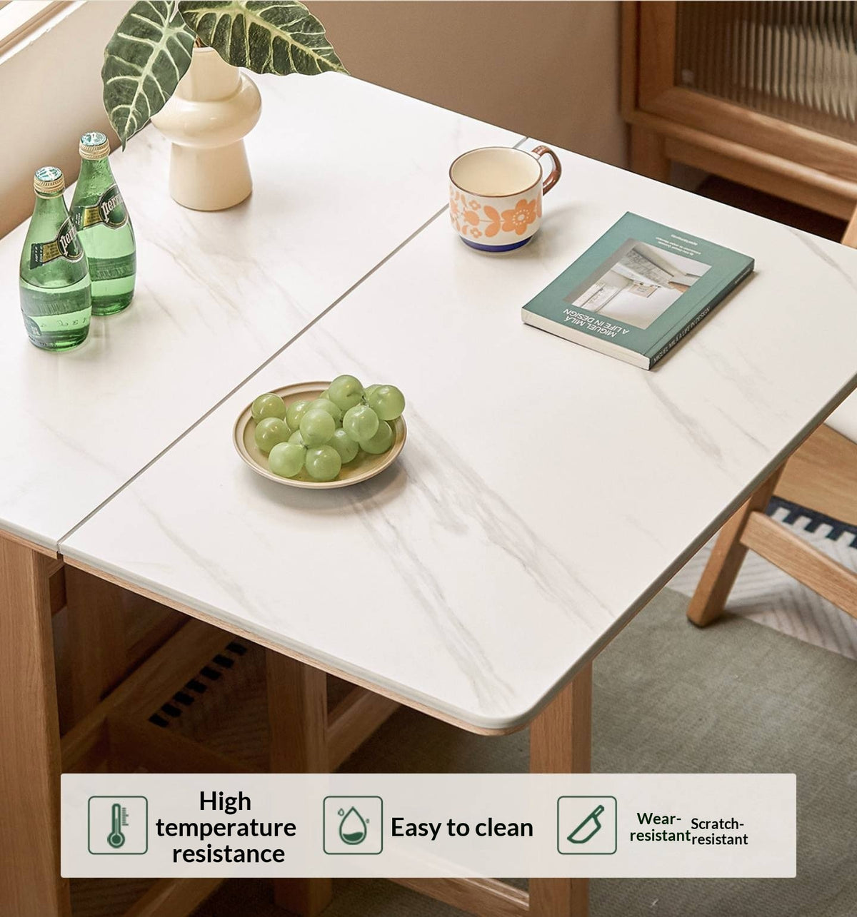 Oak Solid Wood Foldable Dining Table With Rock Slab Surface
