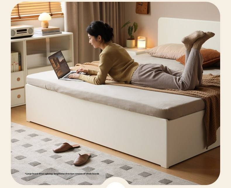Rubberwood Solid Wood Bed — Modern Minimalist White Box Design