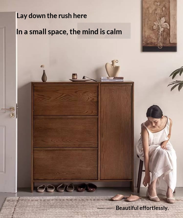 Oak Solid Wood Shoe Cabinet with Wabi-Sabi Style Storage Design