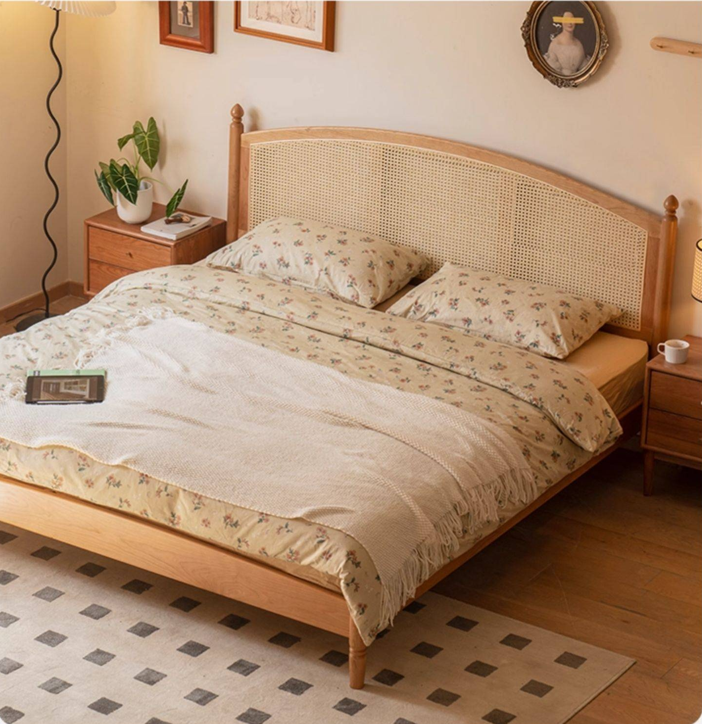 Cherry Solid Wood Rattan Bed Retro