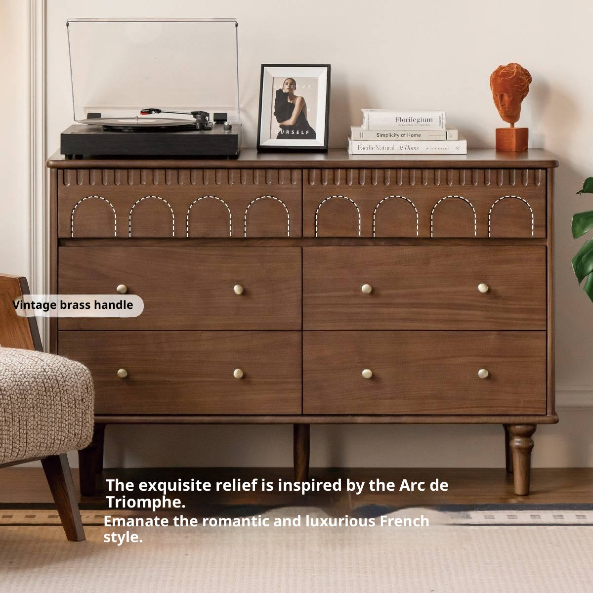 Black Walnut, Poplar, Solid Rubberwood French Retro Chest of Drawers