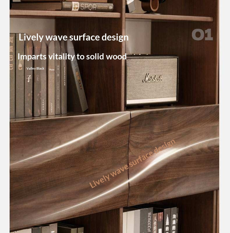 Black Walnut Solid Wood Bookshelf with Combination Storage and Display Shelves