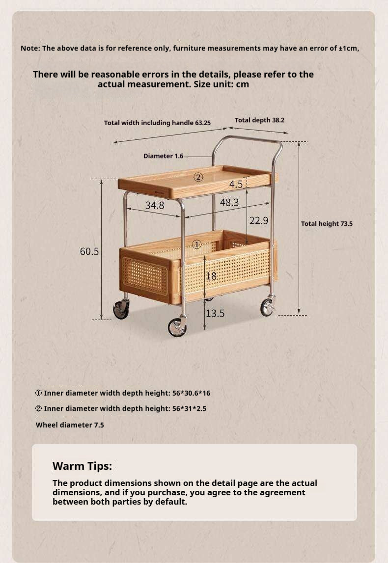 Oak Solid Wood Side Table with Double Layer Storage and Mobile Trolley