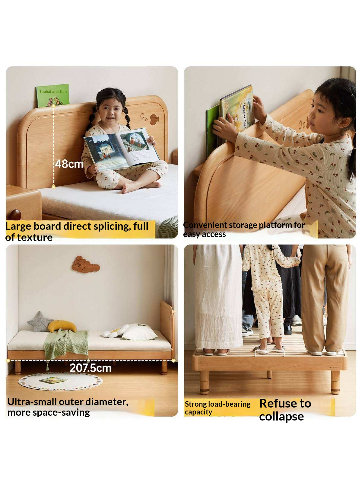 Beech Solid Wood Kids Platform Bed with Night Light