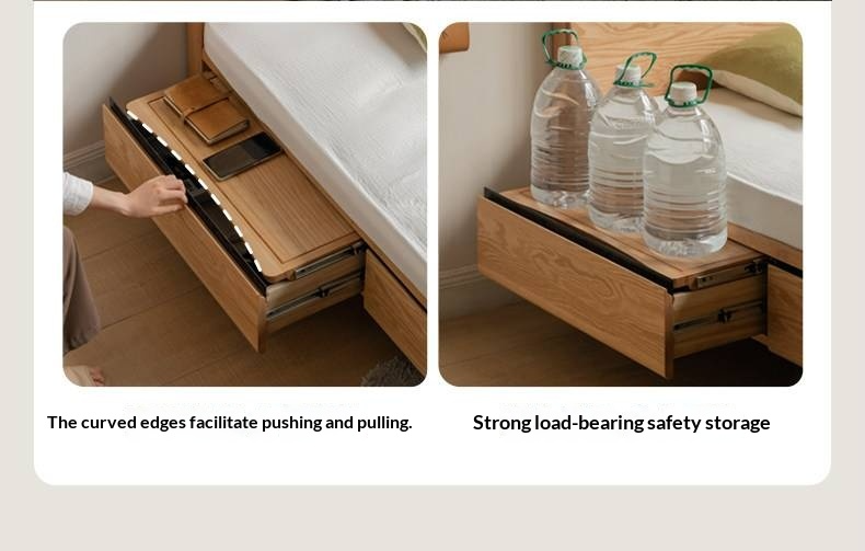 Oak Solid Wood Platform Storage Bed with Hidden Drawers and Bedside Shelf
