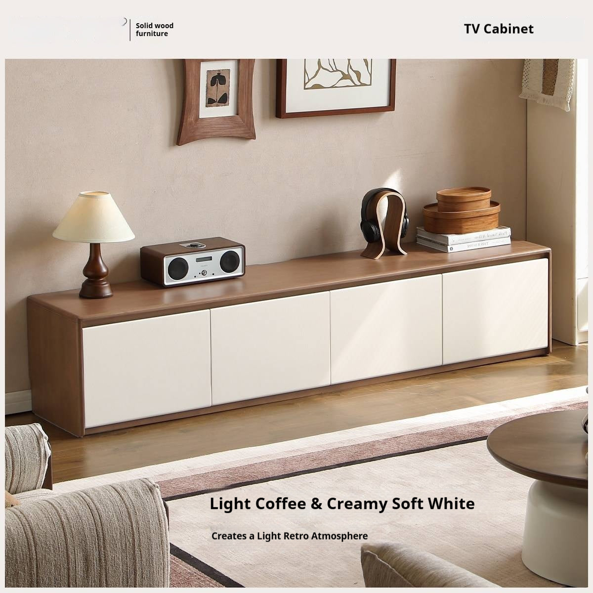 Solid RubberWood TV Console with Two-Tone Color Block Design and Full Pull-Out Drawers