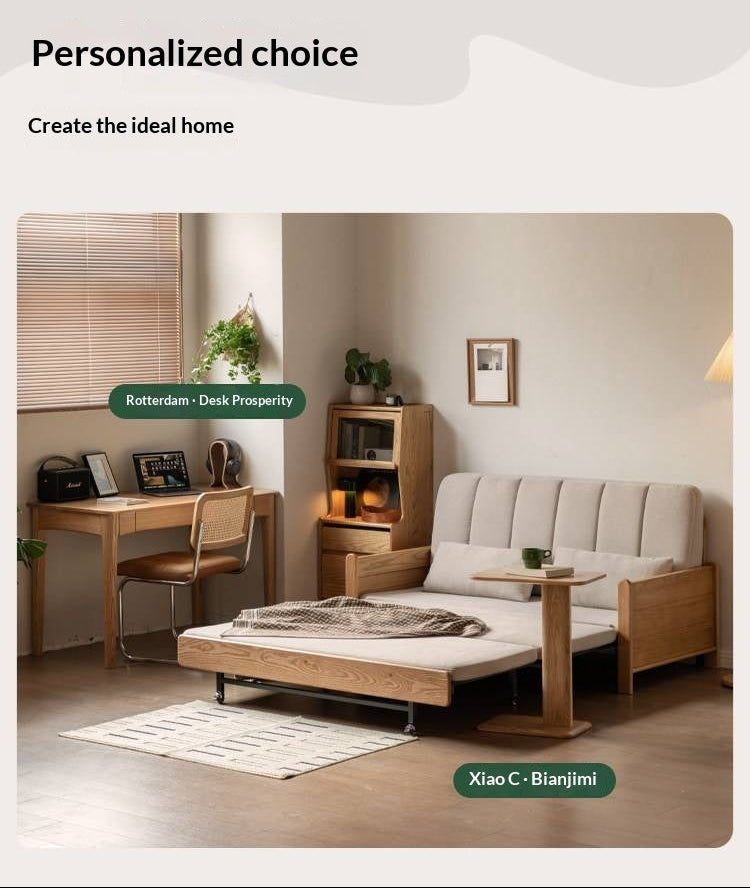 Ash, Oak Solid Wood Sleeper Sofa with Solid Wood Armrests and Built-In Wheels
