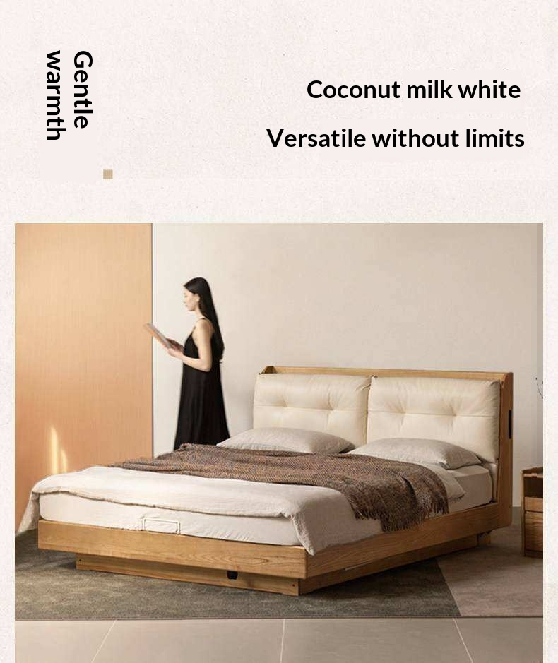 Ash Solid Wood Genuine Leather Upholstered Storage Bed with Electric Lift and LED Lighting