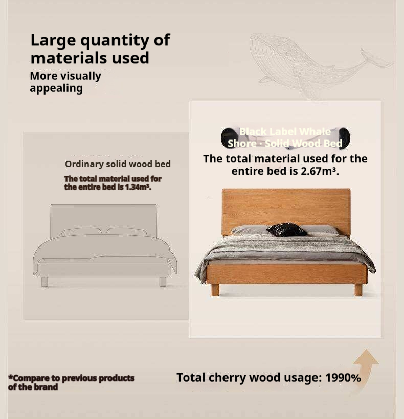 Cherry Solid Wood Bed Modern Minimalist Luminous Bed
