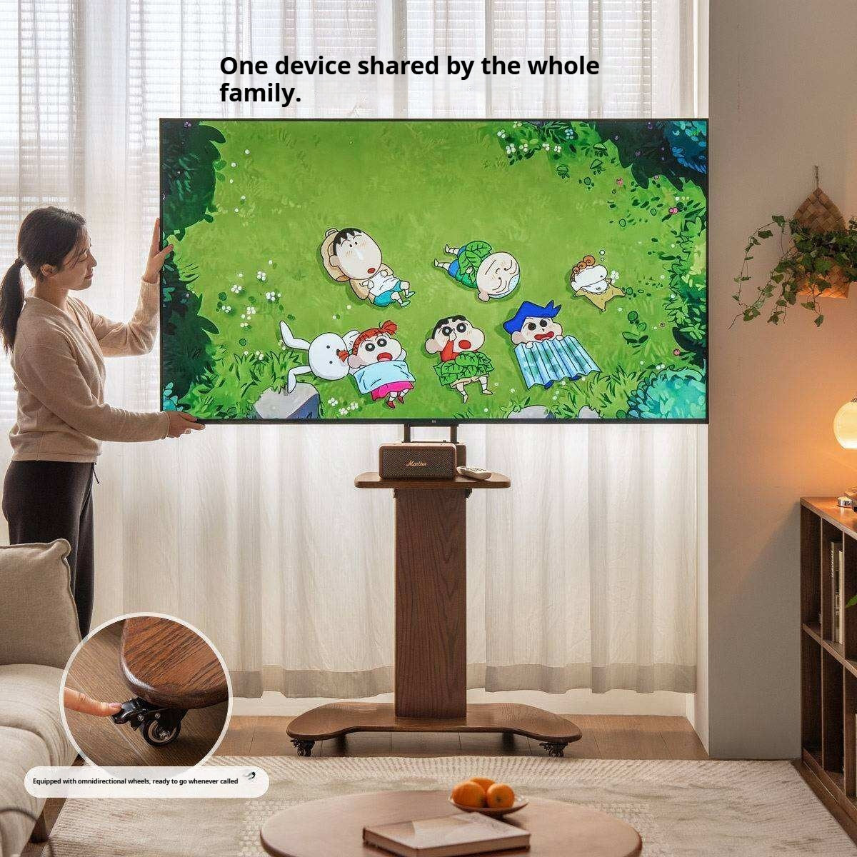 Oak Solid Wood TV Stand with Open Wall Rack and Mobile Cart Base