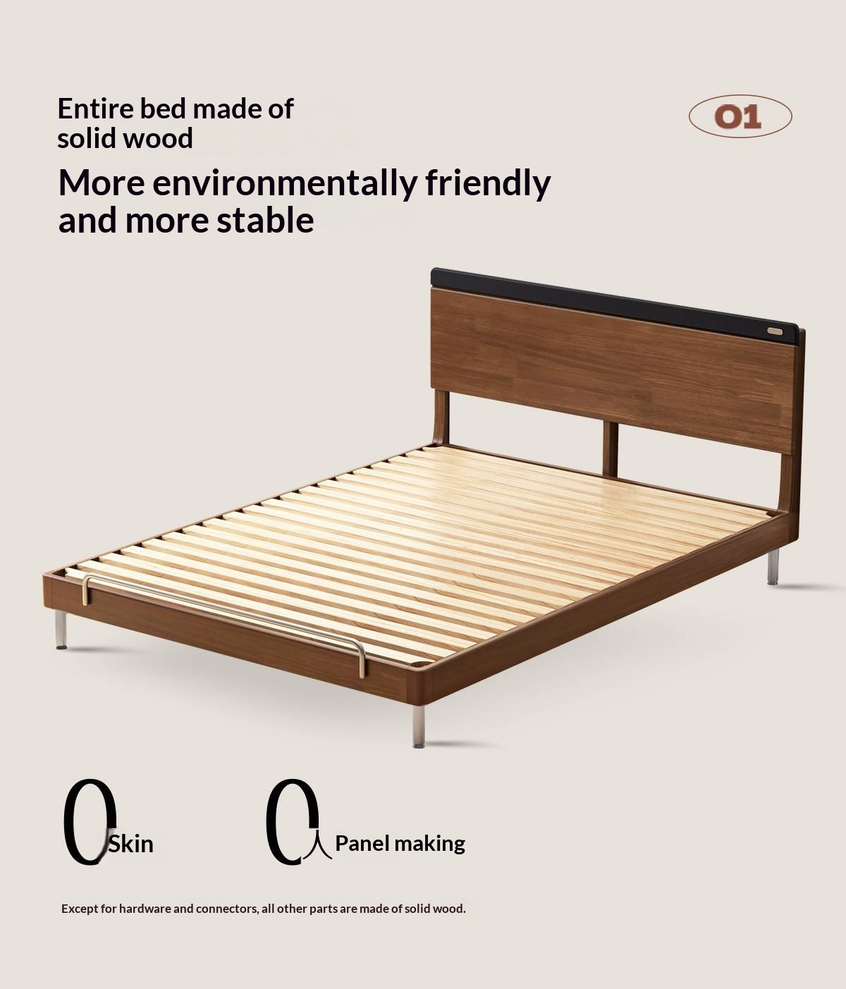 Rubberwood Solid Wood Platform Bed with Metal Legs and Two-Tone Headboard