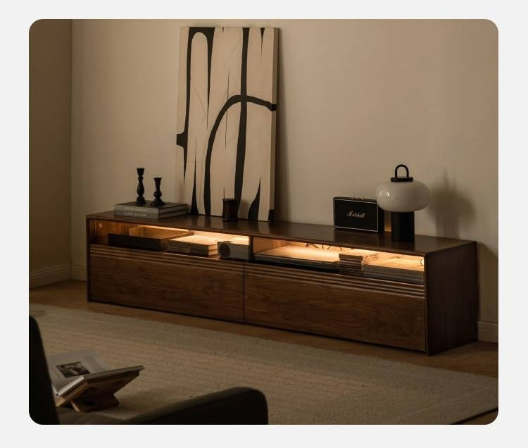 Black Walnut, Oak Solid Wood TV Cabinet LED Light Floor Cabinet.