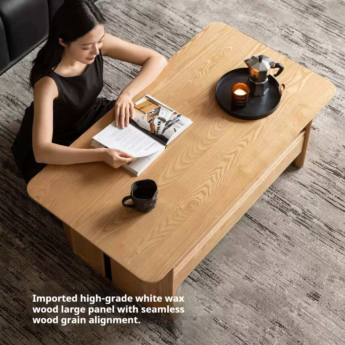 Ash Solid Wood Coffee Table with Two-Level Storage and Minimalist Design