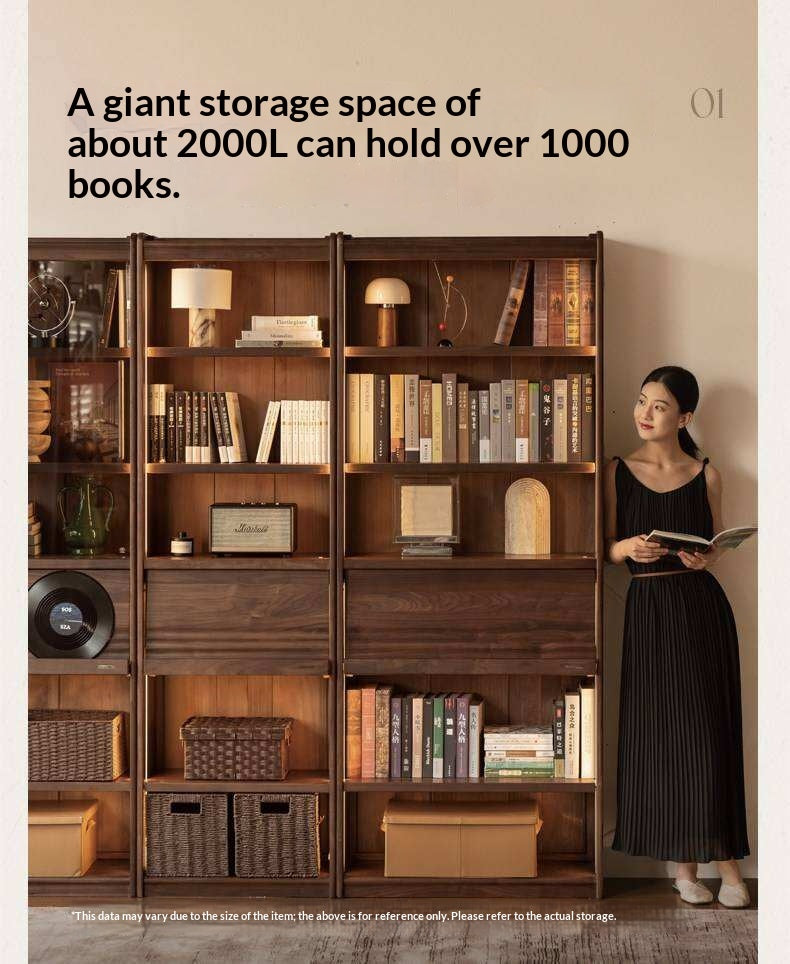 Black Walnut Solid Wood Combination Bookcase with Wall Storage and Floor Display