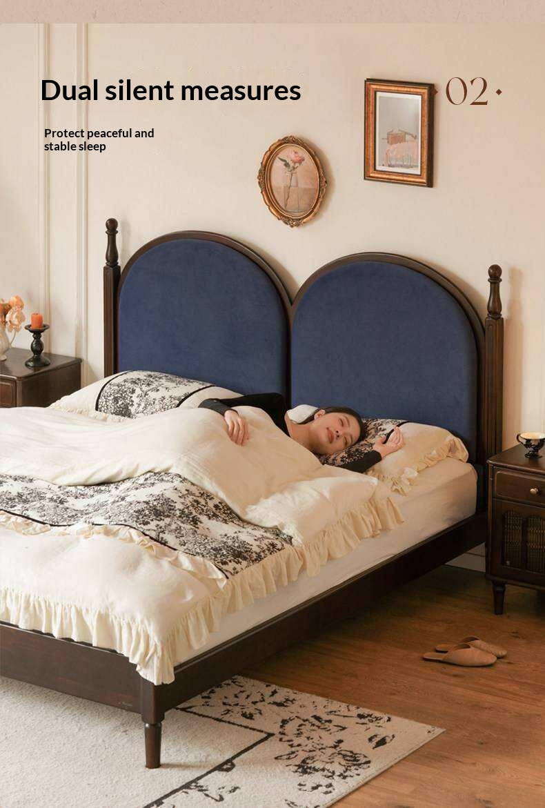 Poplar Solid Wood Bed with Double Arched Upholstered Headboard and Turned Wood Posts