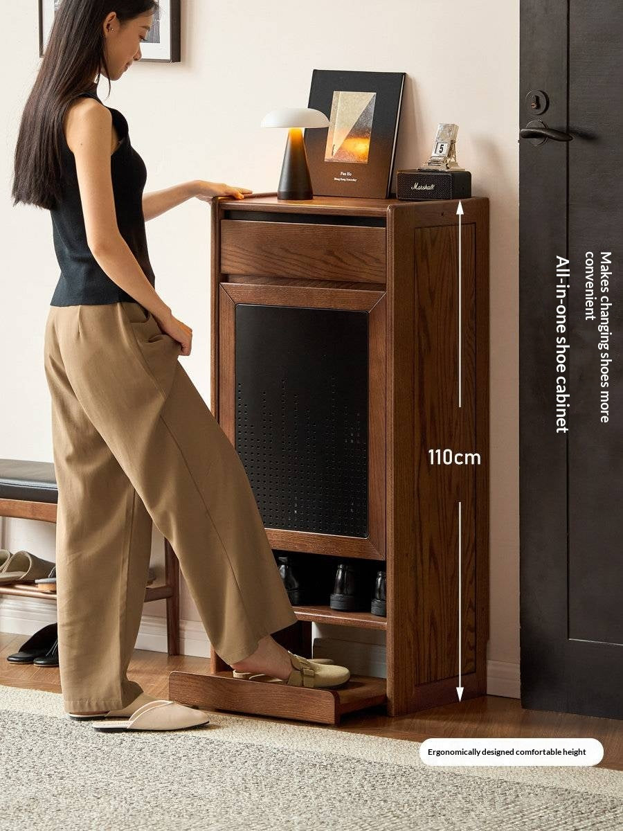 Oak Solid Wood Narrow Shoe Storage Cabinet with Flip-Top Compartment and Perforated Metal Door