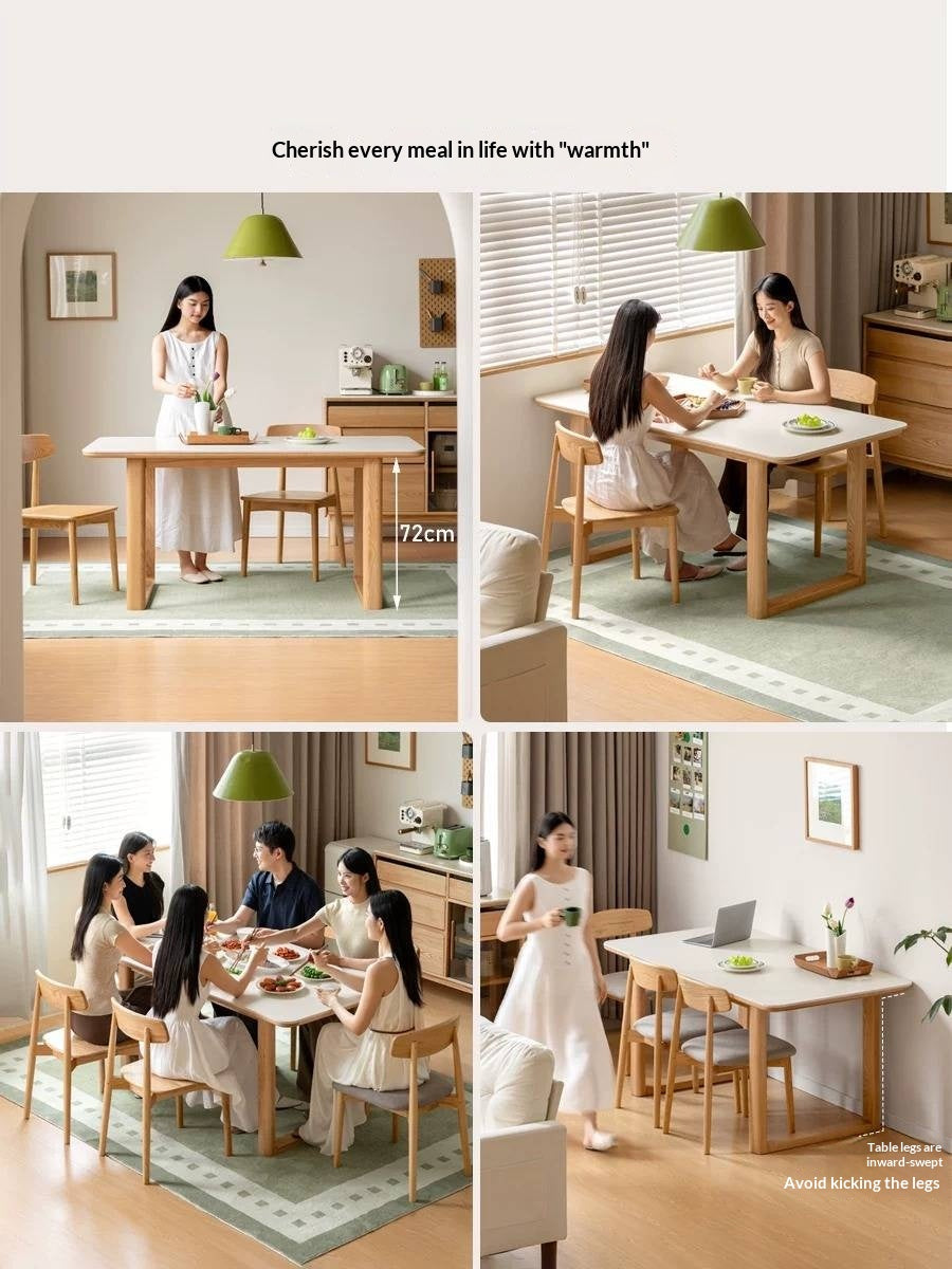 Ash, Oak Solid Wood Rectangular Dining Table with Block Base Wood Legs and Stone Top