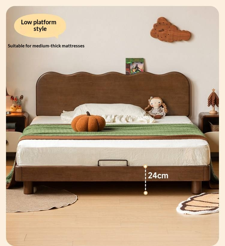 Rubberwood Solid Wood Low Kids Bed with Removable Legs and Adjustable Headboard Height