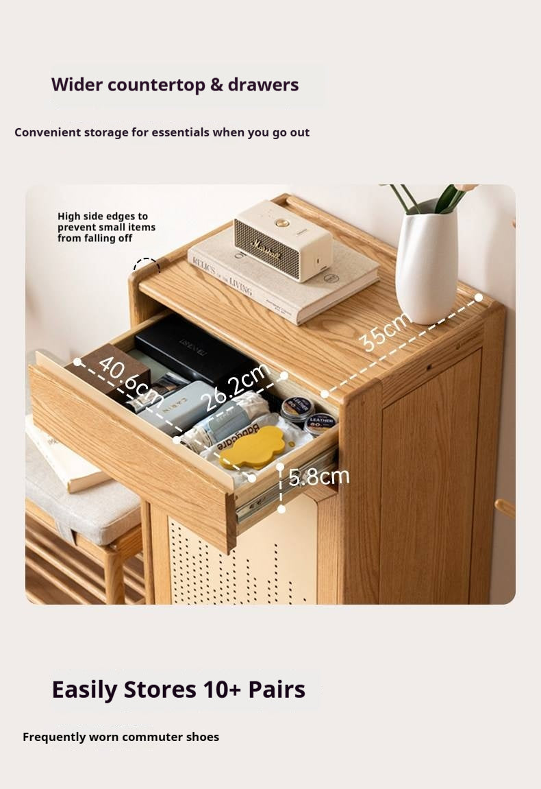 Oak Solid Wood Narrow Shoe Storage Cabinet with Pull-Out Drawer