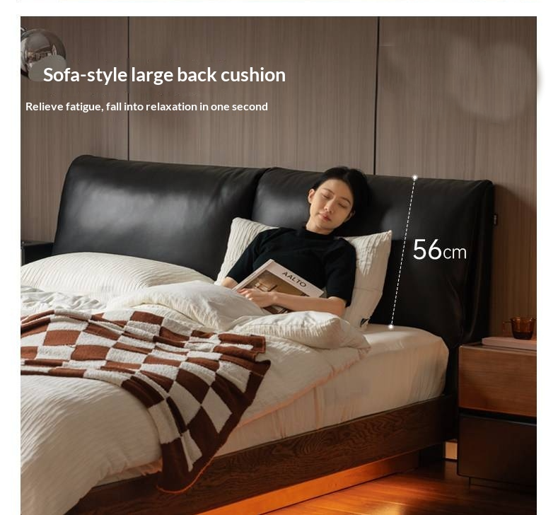 Oak Solid Wood Box Bed — Italian Light Luxury with Soft Genuine leather Backrest