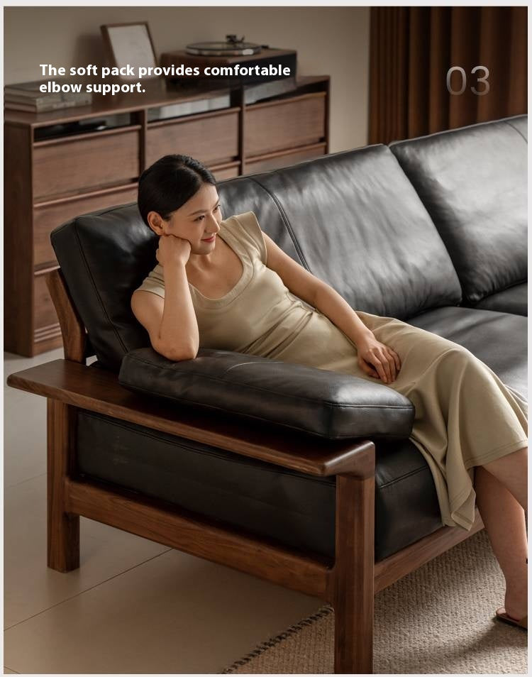 Black Walnut, Ash Solid Wood Wabi Sabi Style Genuine Leather Sofa, fabric sofa