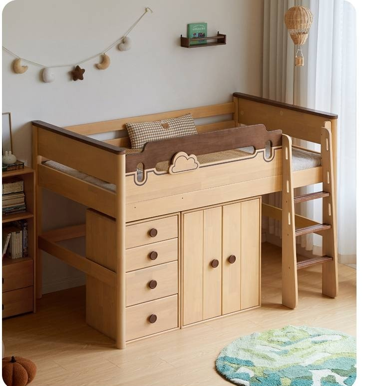 Rubberwood Solid Wood Children's Loft Bed with Under-Bed Cabinets