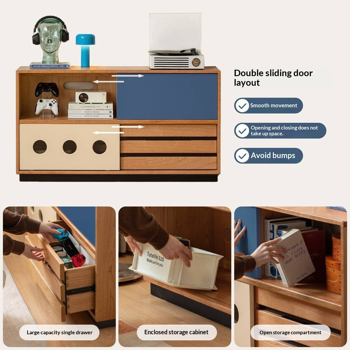 Cherry Solid Wood Vintage TV Stand with Wall-Mounted Tall Cabinet Design