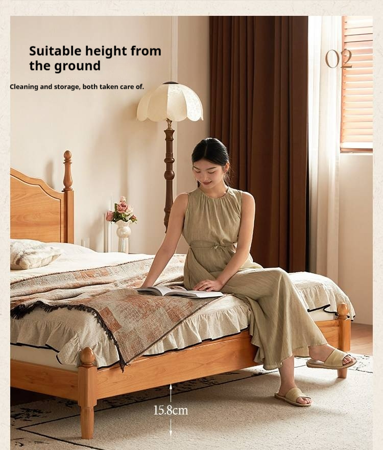 Birch Solid Wood Bed — French Retro Style, Large Slab Design, Mid-Range Style