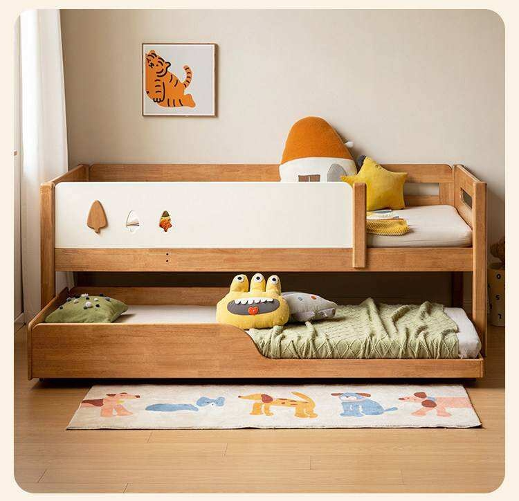 Rubberwood Solid Wood Kids Daybed with Trundle and Safety Guardrails