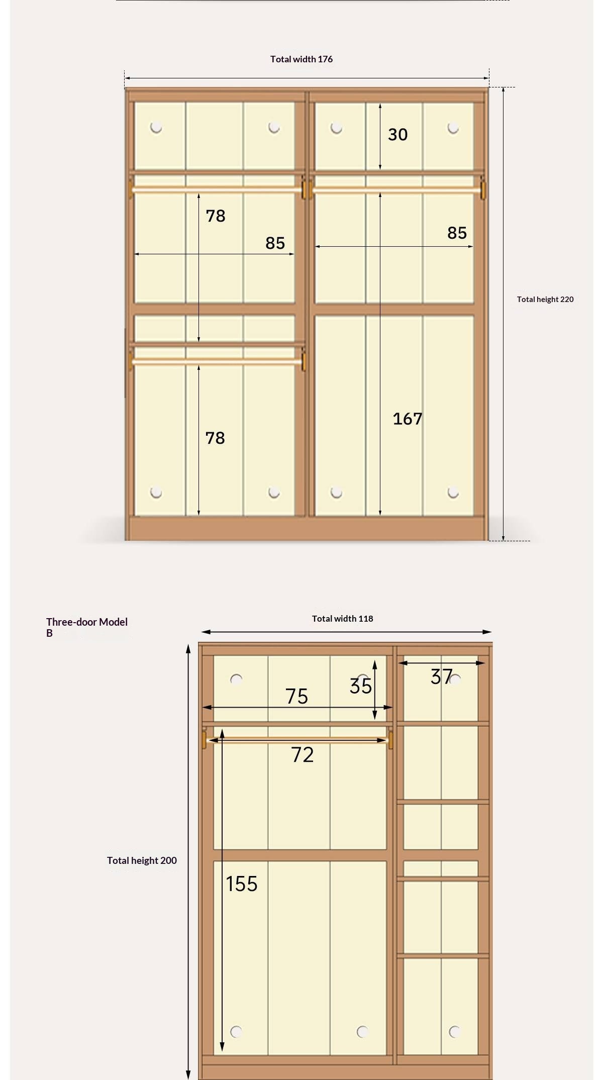 Oak Solid Wood narrow Wardrobe with Framed Panel Doors and Adjustable Layout