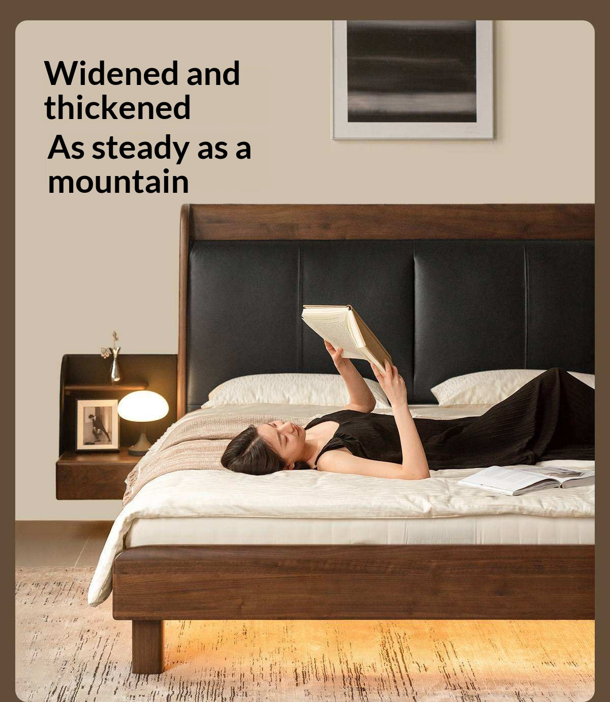 Black Walnut Solid Wood Genuine Leather Curved Leather Bed with Floating Base and LED Lighting