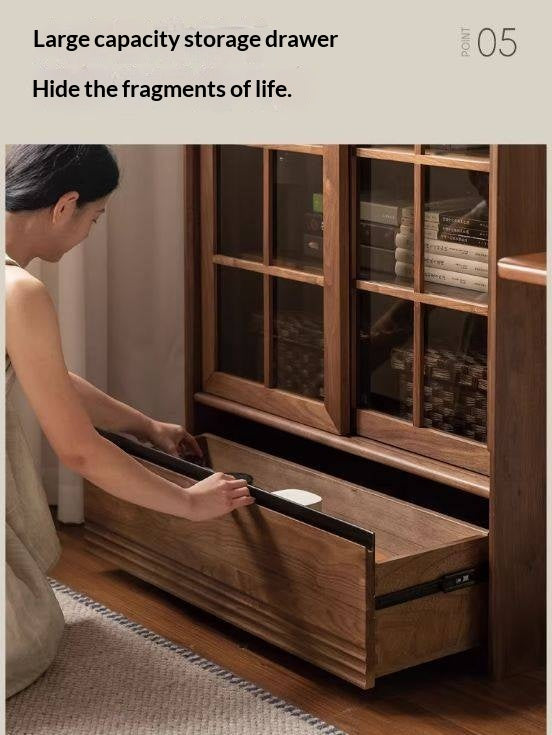 Black Walnut, Oak Solid Wood Bookcase with Storage Cabinet and Built-In Light