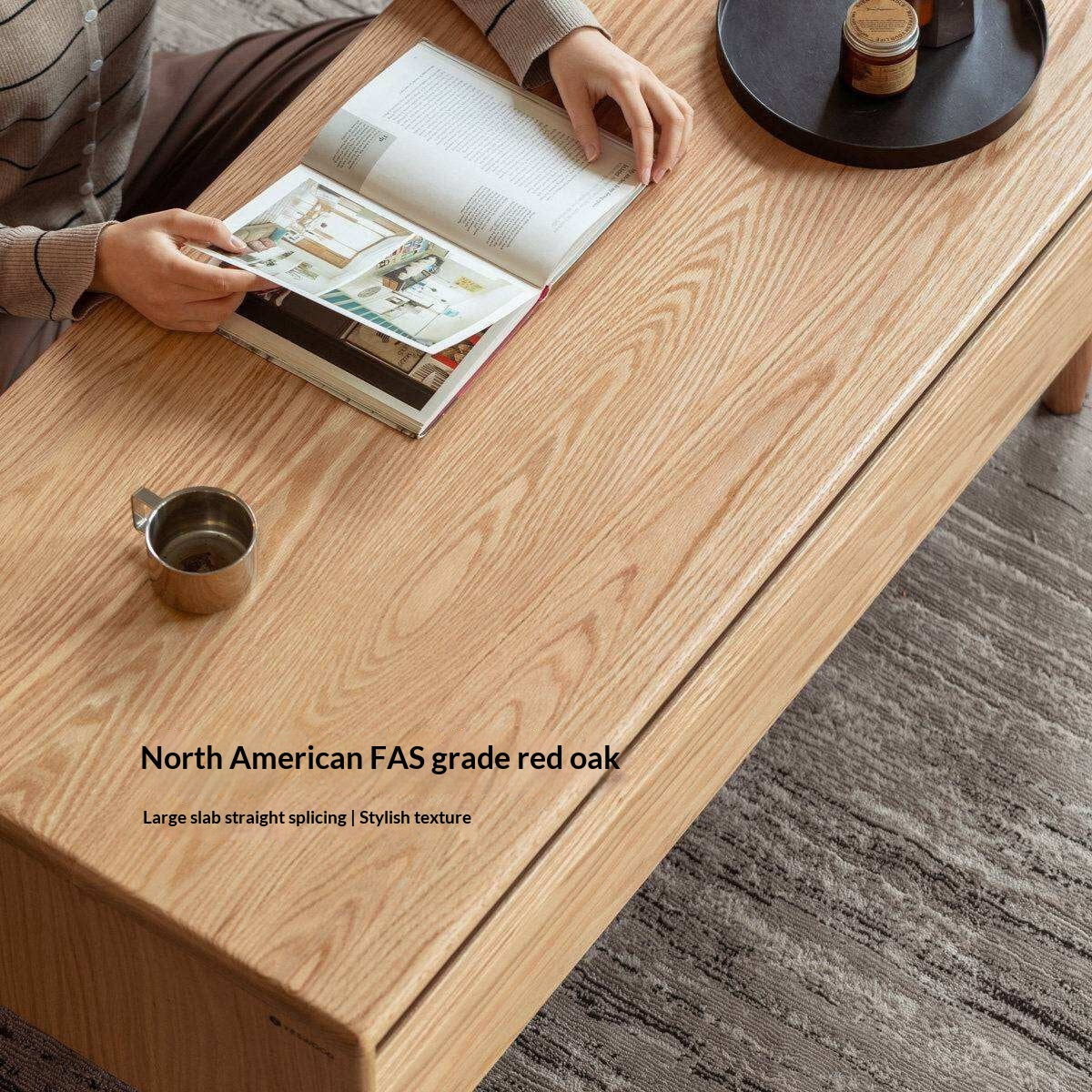 Oak Solid Wood Coffee Table with Integrated Drawer Storage