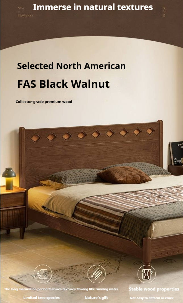 Black Walnut Solid Wood Mid-Century Classic Bed with Cherry Accent Headboard