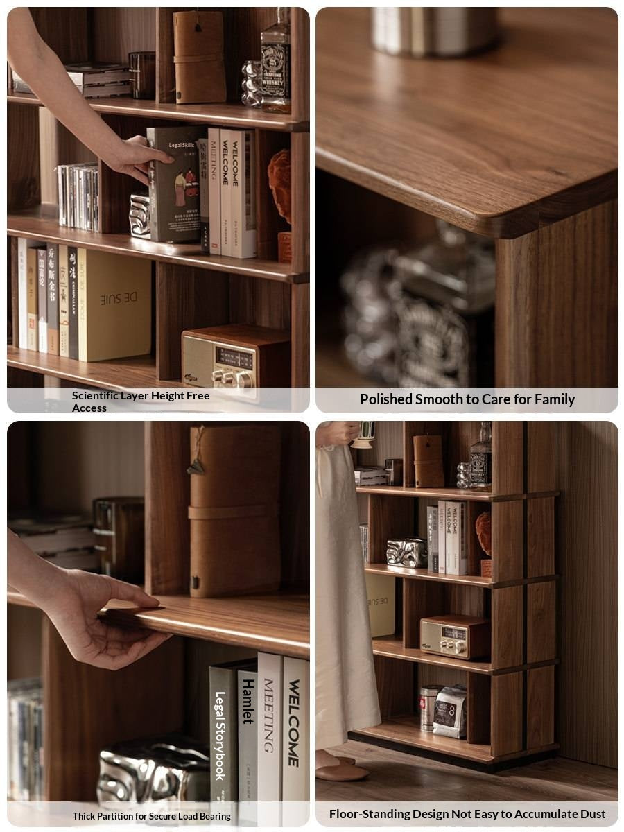 Black Walnut, Sandalwood Solid Wood Bookshelf with Light Luxury Display Shelves