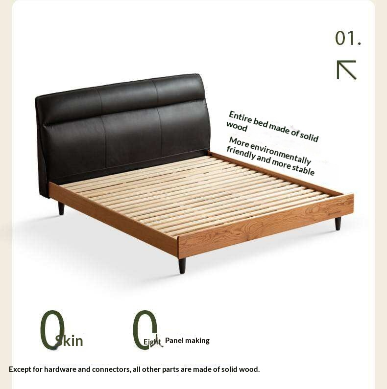 Cherry Solid Wood Genuine Leather Curved Upholstered Headboard Platform Bed