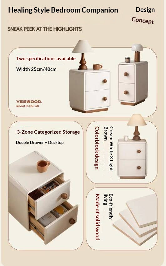 Solid Rubberwood Cream Style Narrow Nightstand