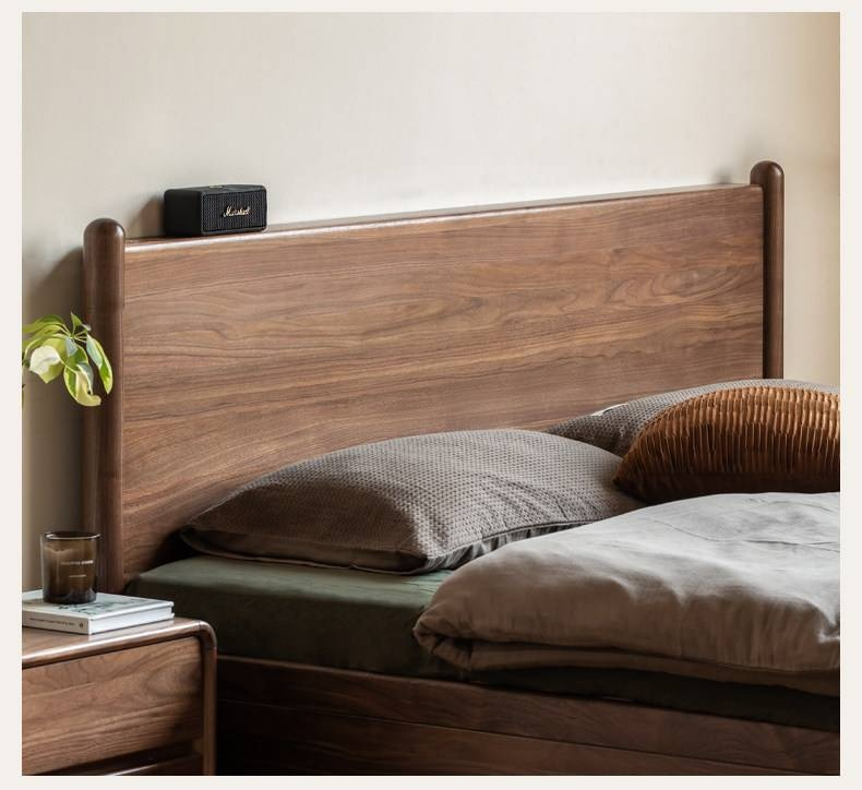 Black Walnut Solid Wood Adjustable Storage Bed with Flat Panel Headboard