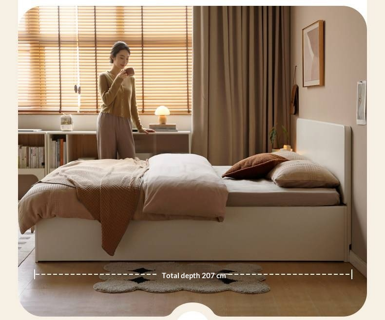 Rubberwood Solid Wood Bed — Modern Minimalist White Box Design