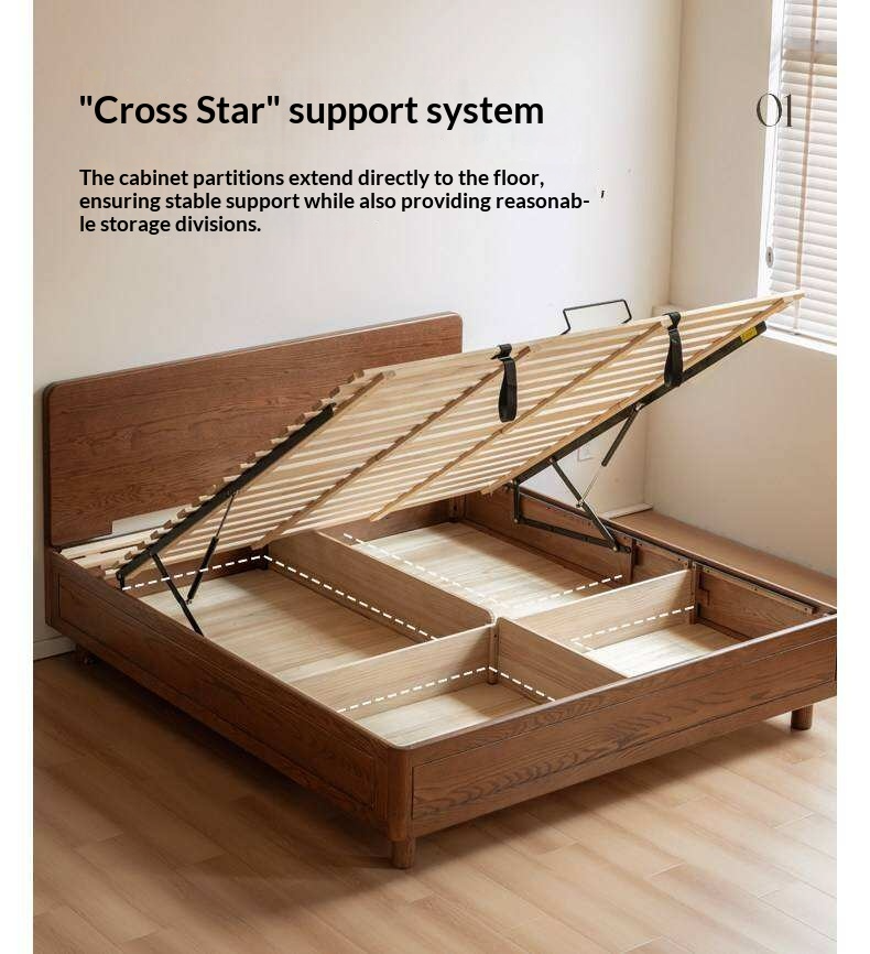 Oak Solid Wood Storage Bed with Gas Lift and Flat Panel Headboard