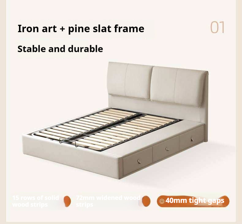 Genuine Leather Upholstered Lift-Up Storage Bed